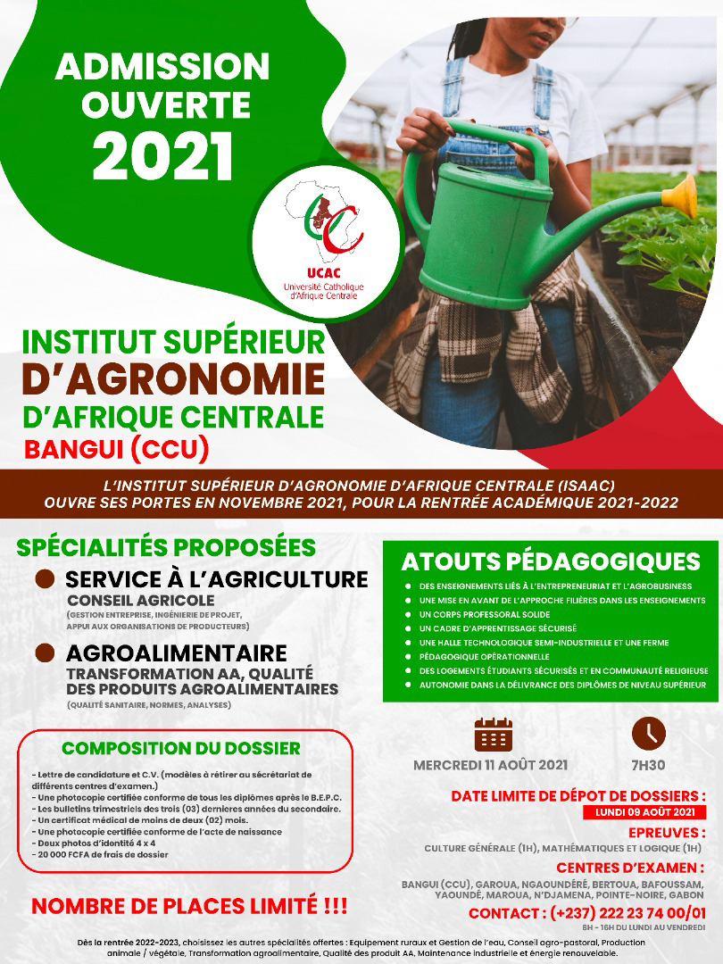 Concours d'entrée l'Institut Supérieur d'Agronomie d'Afrique Centrale (ISAAC)