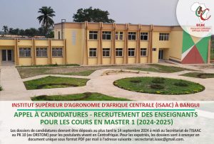 Appel à candidatures ISAAC Bangui - Recrutement des enseignants pour les cours en Master 1 académique 2024 – 2025